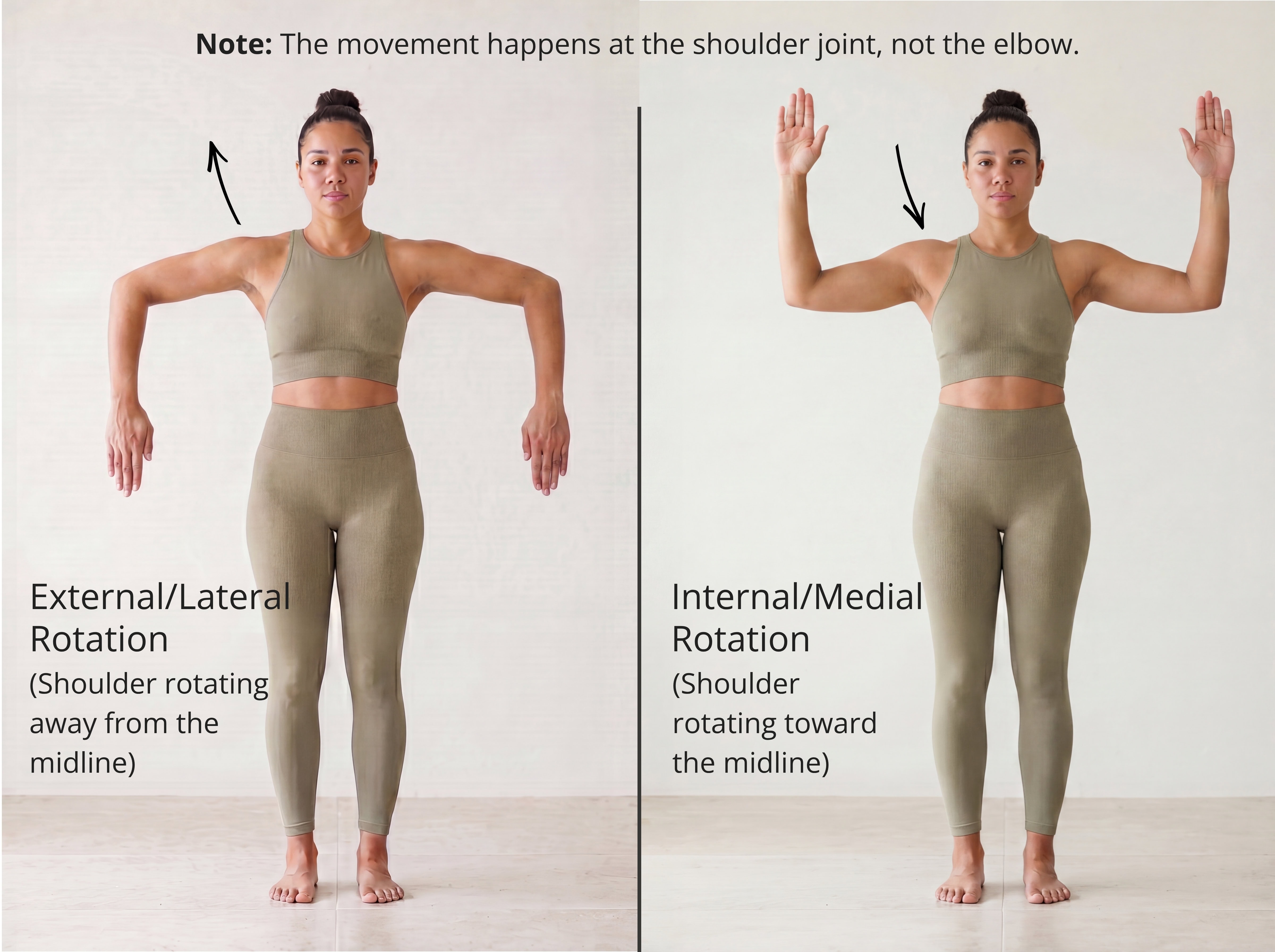 Shoulder external rotation — the arm moves but the joint rotates away from the midline