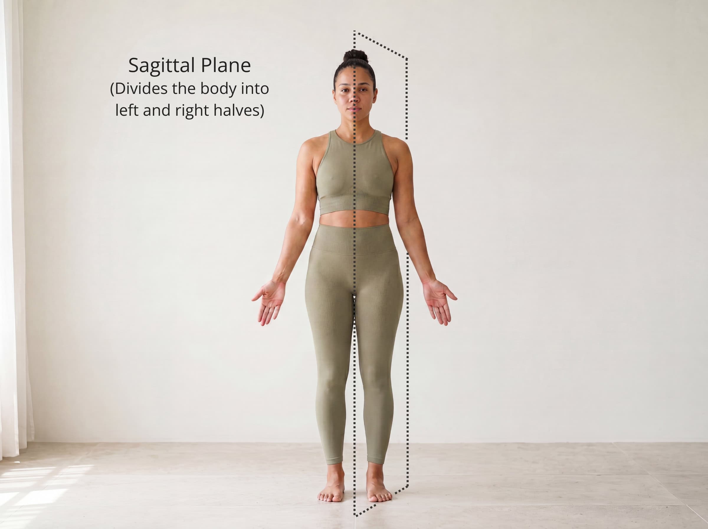 The sagittal plane shown cutting through a standing figure from front to back, dividing the body into left and right halves